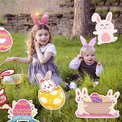 Easter Yard Signs Outdoor Decorations, 6Pcs Easter Yard Stakes Easter Yard Sign Outdoor Easter Bunny Egg Chick Yard Signs with Stakes for Easter Yard Lawn Signs Party Decorations