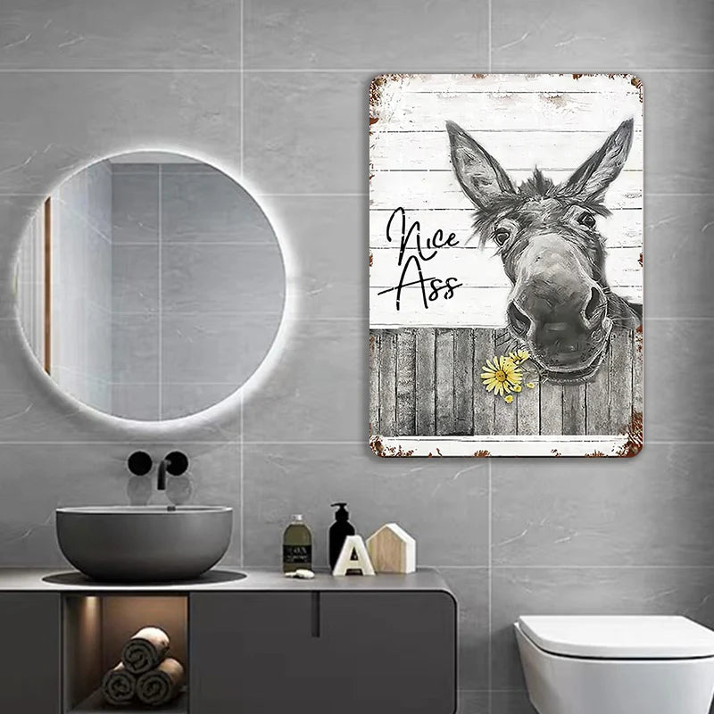 Funny Donkey Sunflower Bathroom Metal Sign Wall Decor Farmhouse Sign for Toilet Restroom Decor Gifts
