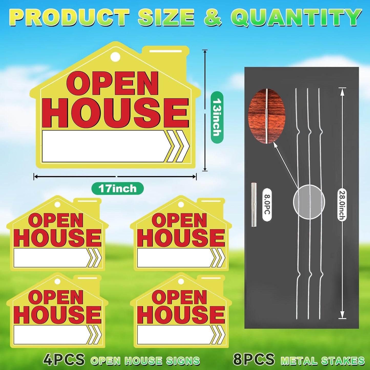 Open House Signs for Real Estate – 4 Pack Large Double-Sided Yard Signs with 28I