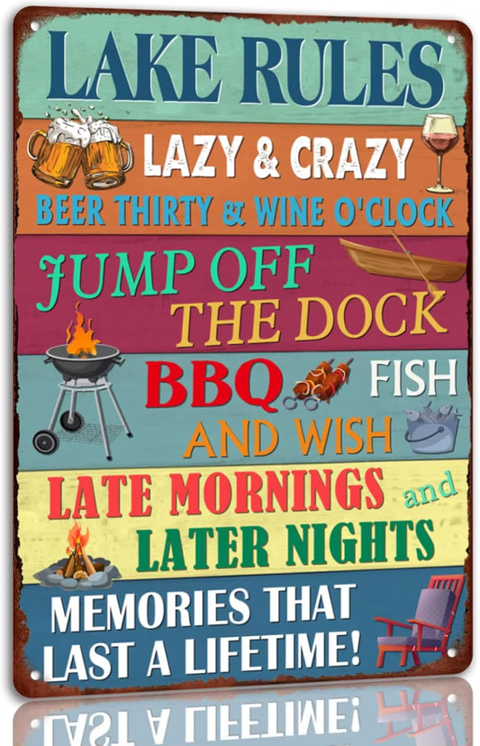 Lake Rules Tin Sign Vintage Lake Metal Signs Funny Wall Decor Plaque for Home Bar Bathroom Pool Deck Porch Patio Outdoor Decorat