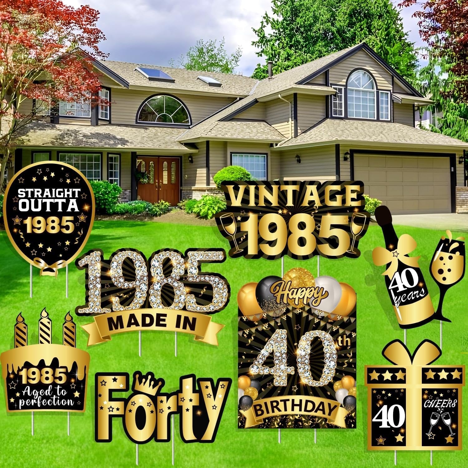 40Th Birthday Yard Signs, Black Gold 8Pcs Outdoor Lawn 40Th Birthday Decorati...