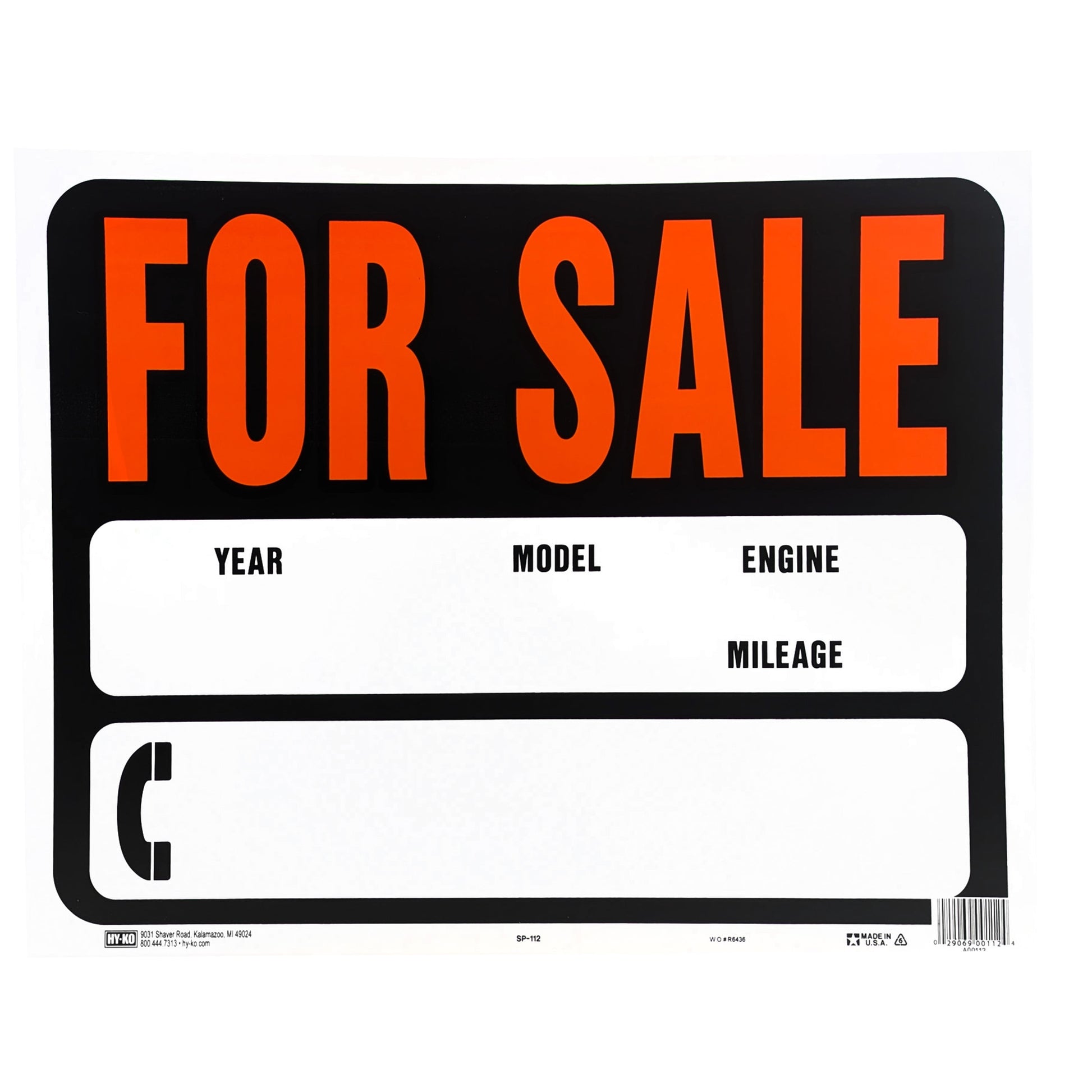 Hy-Glo Series SP-112 Jumbo Identification Sign, for Sale, Fluorescent Orange Legend, Plastic