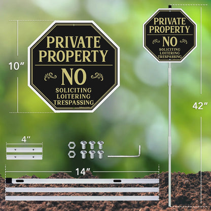 Private Property No Soliciting Sign for House with 42" Stake, 2-Pack 10"X10" Rust Free Heavy Reflective Aluminum