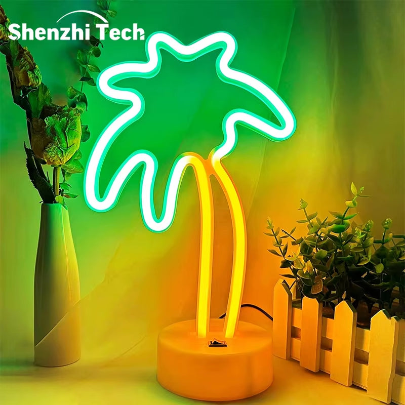 Coconut Palm Tree Neon Signs Light with Holder Base LED Table Lamp Battery/Usb Powered Palm for Home Christmas Party Decoration