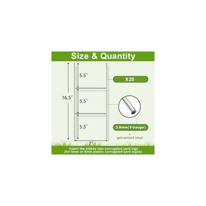 25 Pack Galvanized H Frame Yard Sign Stakes 16.5 In. X 7 In., Heavy Duty 9 Gauge Steel