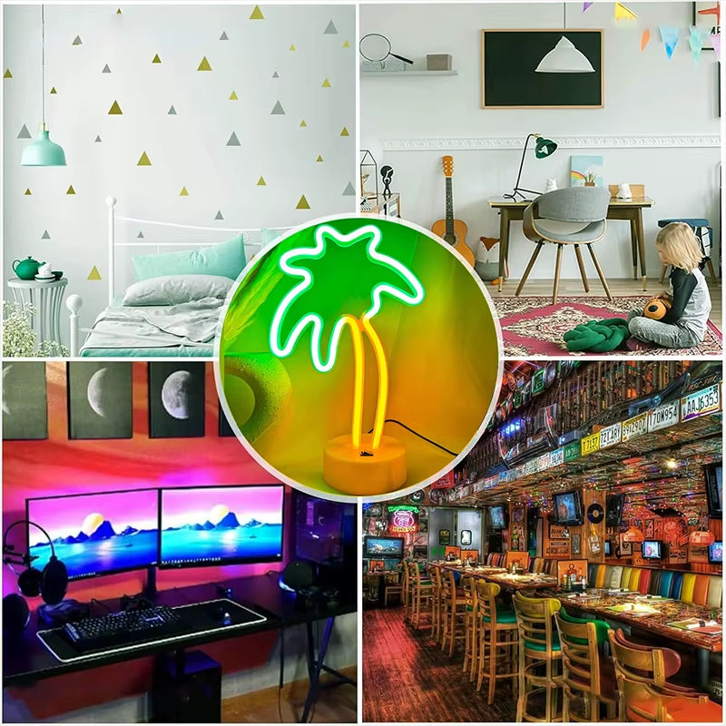 Coconut Palm Tree Neon Signs Light with Holder Base LED Table Lamp Battery/Usb Powered Palm for Home Christmas Party Decoration