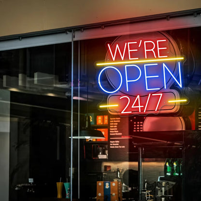 We'Re Open 24/7 Neon Sign, Open Welcome Sign Window Open Sign, Shop Open Wall Art Restaurant Business Open Sign
