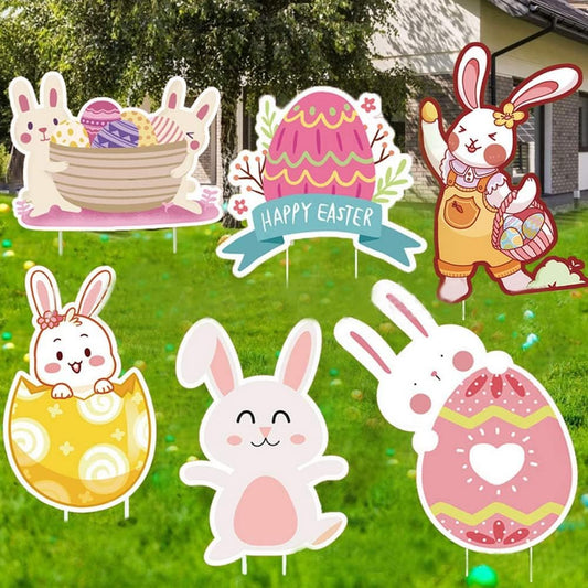 Easter Yard Signs Outdoor Decorations, 6Pcs Easter Yard Stakes Easter Yard Sign Outdoor Easter Bunny Egg Chick Yard Signs with Stakes for Easter Yard Lawn Signs Party Decorations