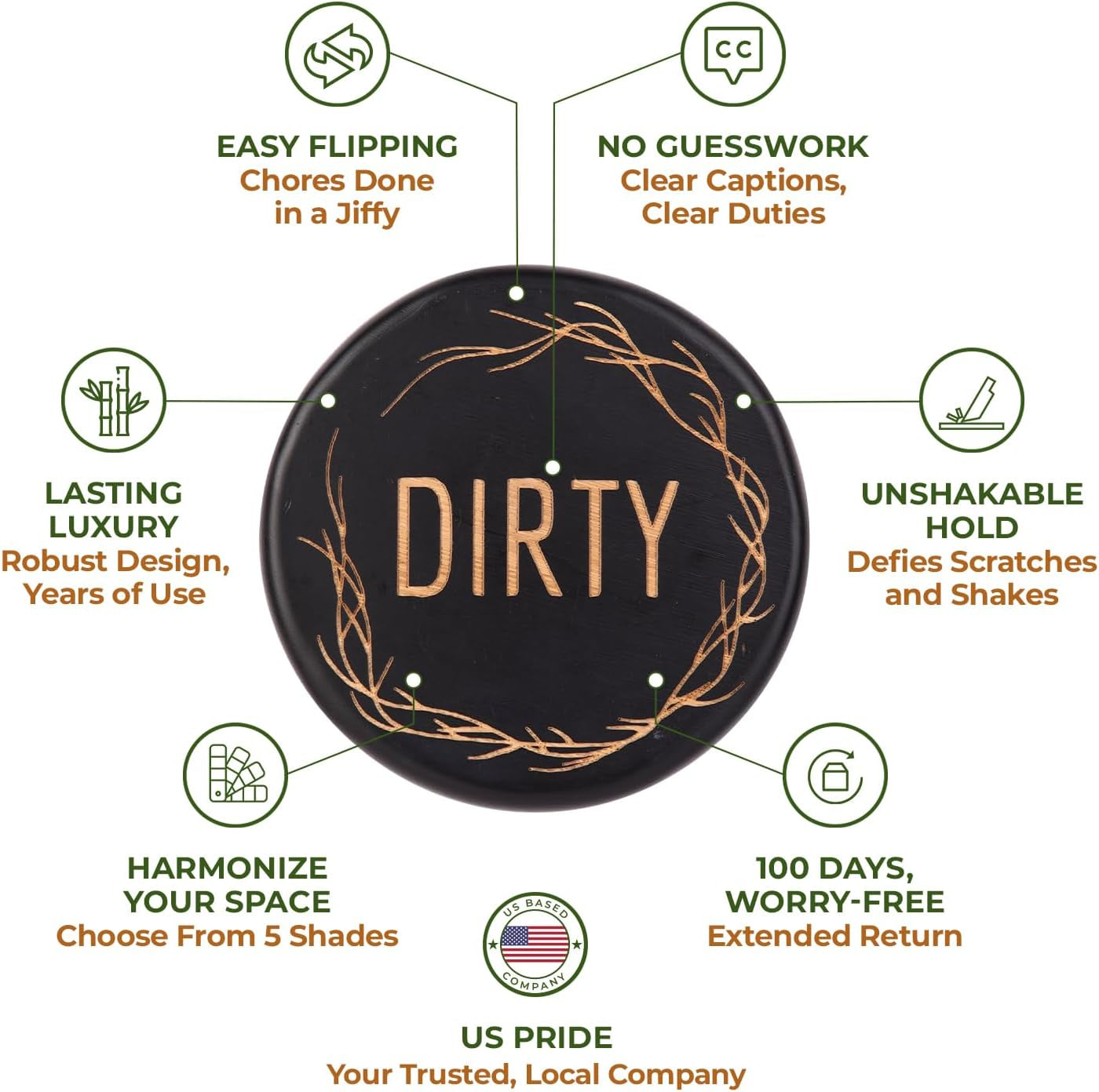 Bamboo Dishwasher Magnet - Clean Dirty Sign, Black, Round, 1 Count