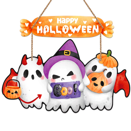 Happy Halloween Ghost Door Decor Hanging Sign Boo Decorations for Halloween Wreaths Front Door Ghost Pumpkin Welcome Sign for Home Door Wall Yard Indoor Outdoor Halloween Party Decorations