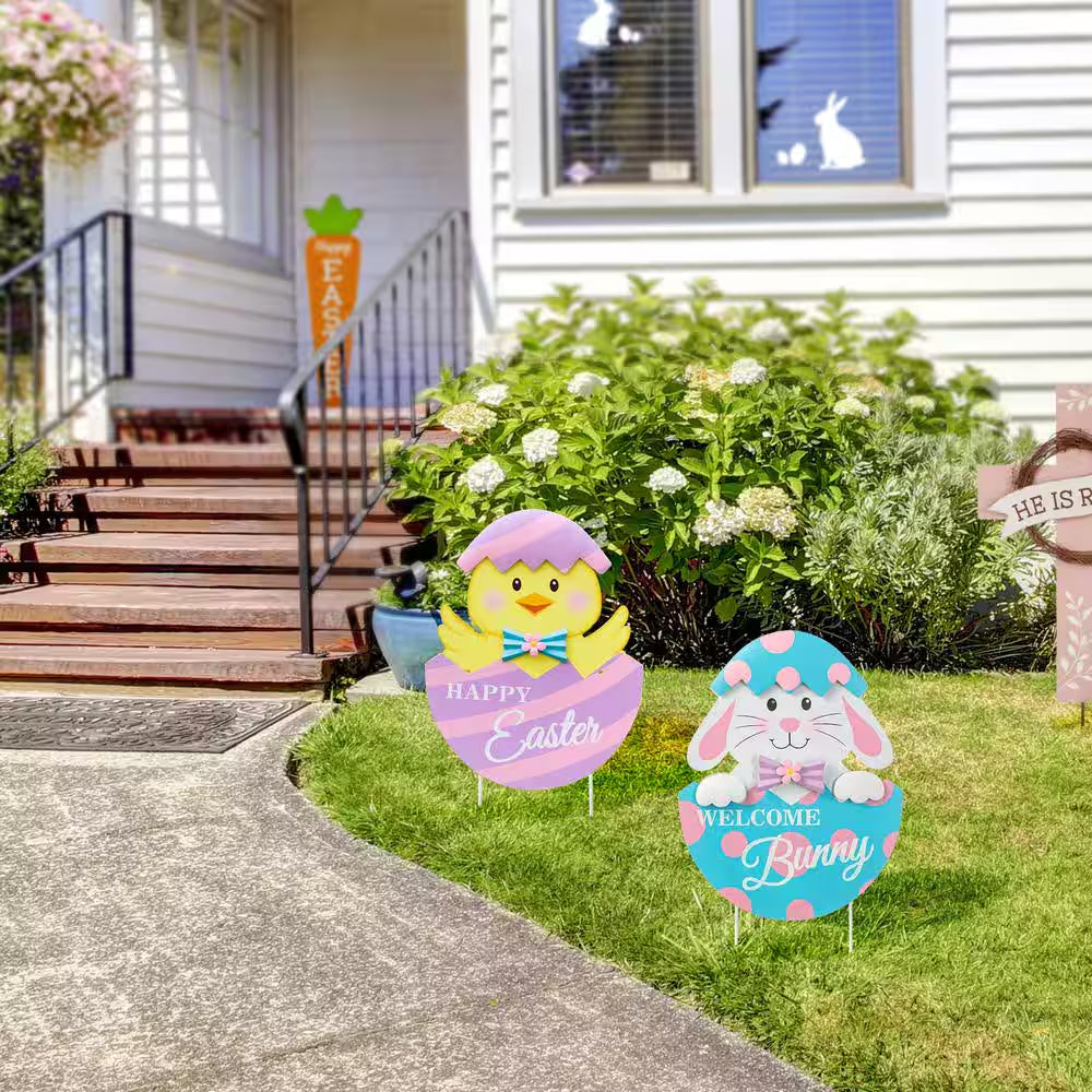 (Set of 2) 24 In. H Easter Metal Bunny&Chick Egg Yard Stake
