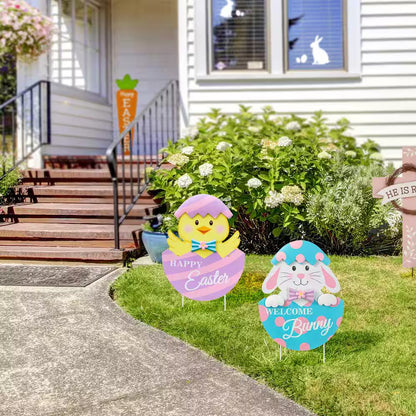 (Set of 2) 24 In. H Easter Metal Bunny&Chick Egg Yard Stake
