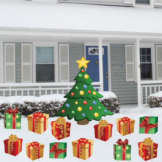 Victorystore Christmas Tree with Presents Lawn Display, Holiday Décor 13 Pieces