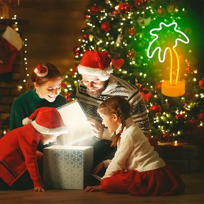 Coconut Palm Tree Neon Signs Light with Holder Base LED Table Lamp Battery/Usb Powered Palm for Home Christmas Party Decoration