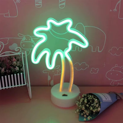 Coconut Palm Tree Neon Signs Light with Holder Base LED Table Lamp Battery/Usb Powered Palm for Home Christmas Party Decoration