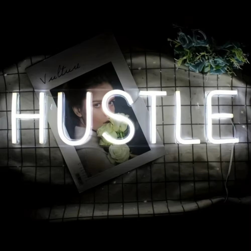 HUSTLE White Lighted Lettering Neon Sign Art Wall Decor Bedroom Bar Shop Living Room Party Home Decor Hanging Signs USB Powered