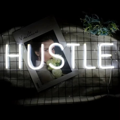 HUSTLE White Lighted Lettering Neon Sign Art Wall Decor Bedroom Bar Shop Living Room Party Home Decor Hanging Signs USB Powered