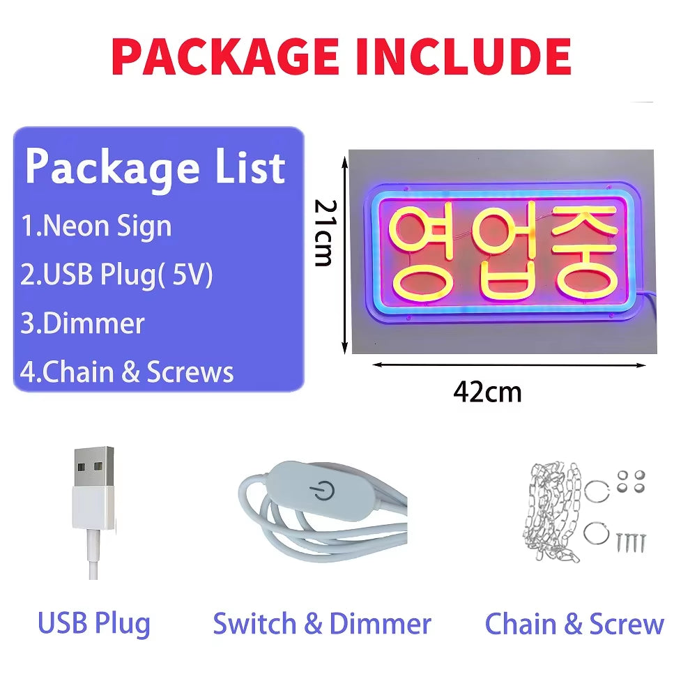 LED 영업중네온 Korean Open Sign Neon Lights - Neon Sign Lights Business Signs Wall Hanging Led for Bar Cafe Salon Store Billboard