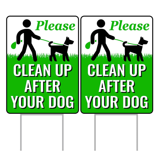 2-Pack Pick up after Your Dog Sign with Metal H-Stake - Weatherproof Clean up after Your Dog Notice for Yard - Double-Sided No Poop Lawn Signs - 12X9-In