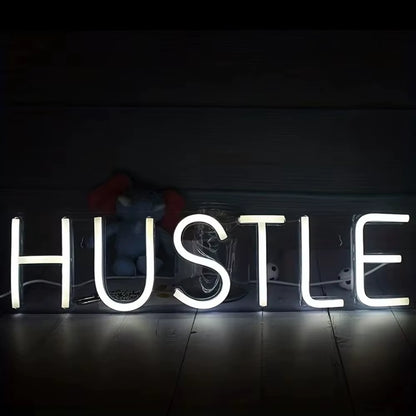 HUSTLE White Lighted Lettering Neon Sign Art Wall Decor Bedroom Bar Shop Living Room Party Home Decor Hanging Signs USB Powered