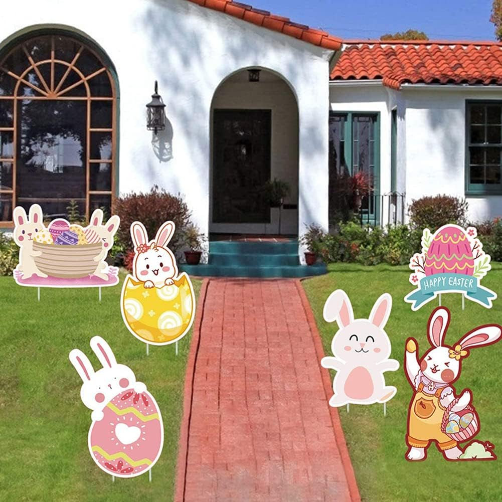 Easter Yard Signs Outdoor Decorations, 6Pcs Easter Yard Stakes Easter Yard Sign Outdoor Easter Bunny Egg Chick Yard Signs with Stakes for Easter Yard Lawn Signs Party Decorations