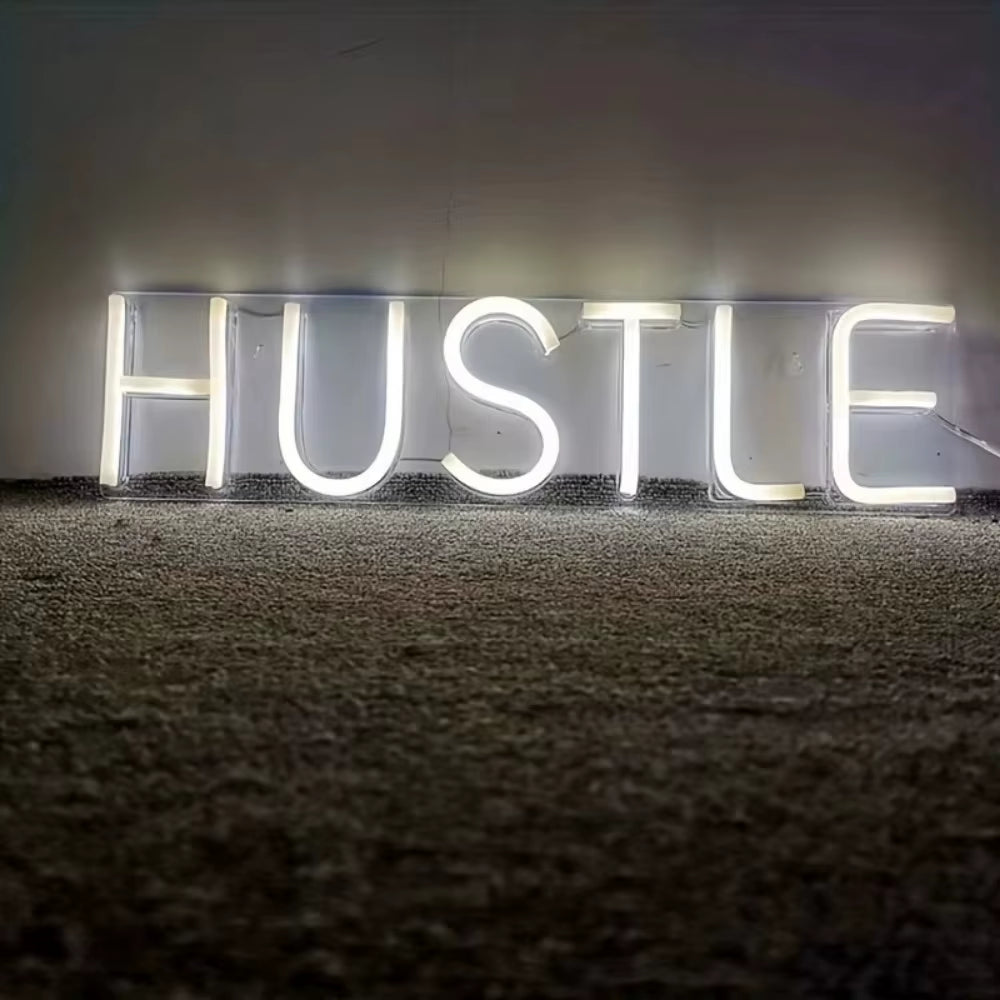 HUSTLE White Lighted Lettering Neon Sign Art Wall Decor Bedroom Bar Shop Living Room Party Home Decor Hanging Signs USB Powered
