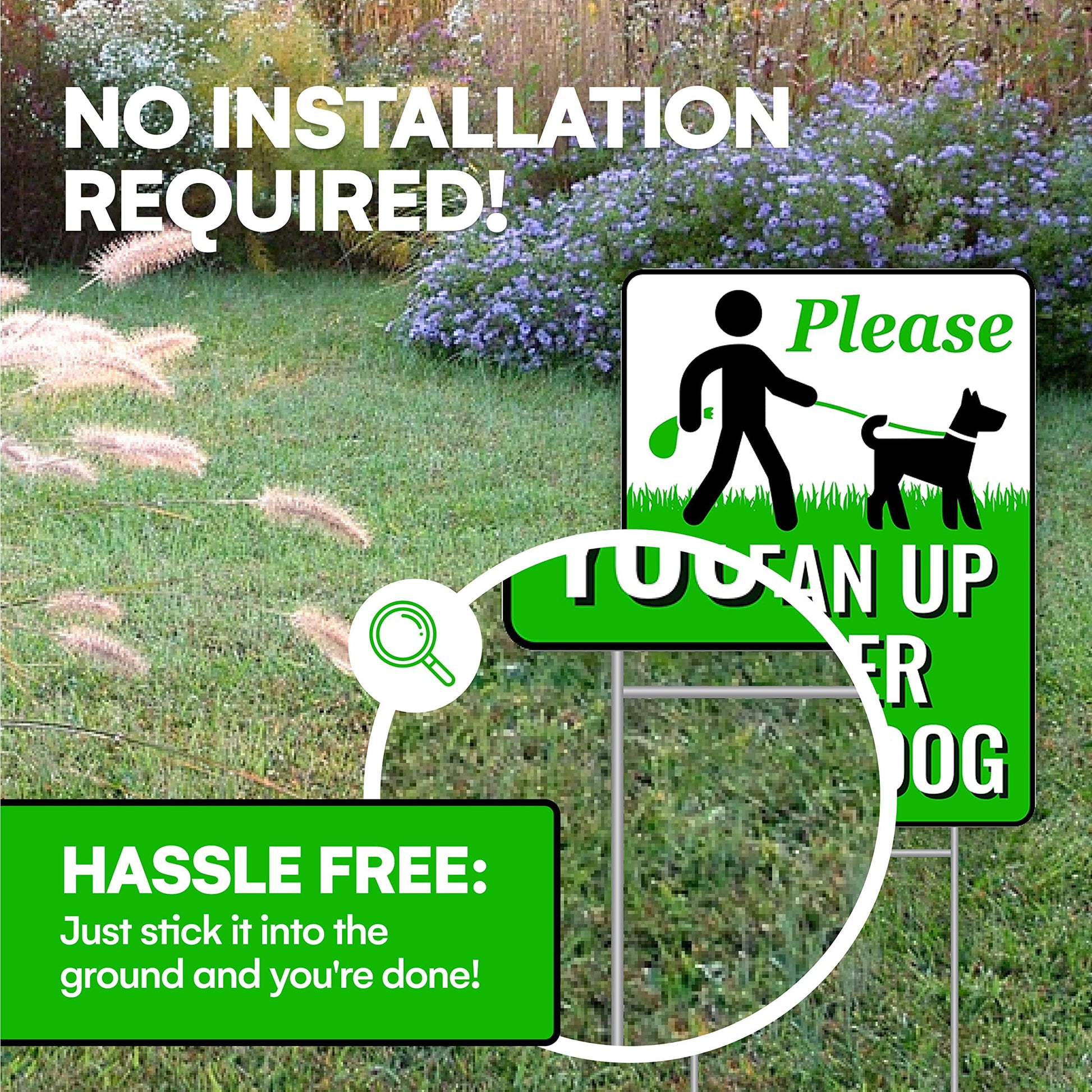 2-Pack Pick up after Your Dog Sign with Metal H-Stake - Weatherproof Clean up after Your Dog Notice for Yard - Double-Sided No Poop Lawn Signs - 12X9-In