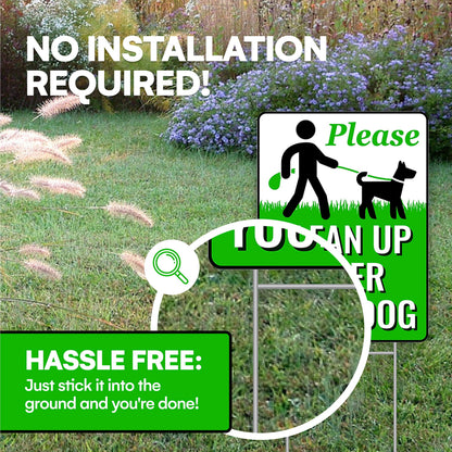 2-Pack Pick up after Your Dog Sign with Metal H-Stake - Weatherproof Clean up after Your Dog Notice for Yard - Double-Sided No Poop Lawn Signs - 12X9-In