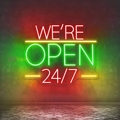 We'Re Open 24/7 Neon Sign, Open Welcome Sign Window Open Sign, Shop Open Wall Art Restaurant Business Open Sign