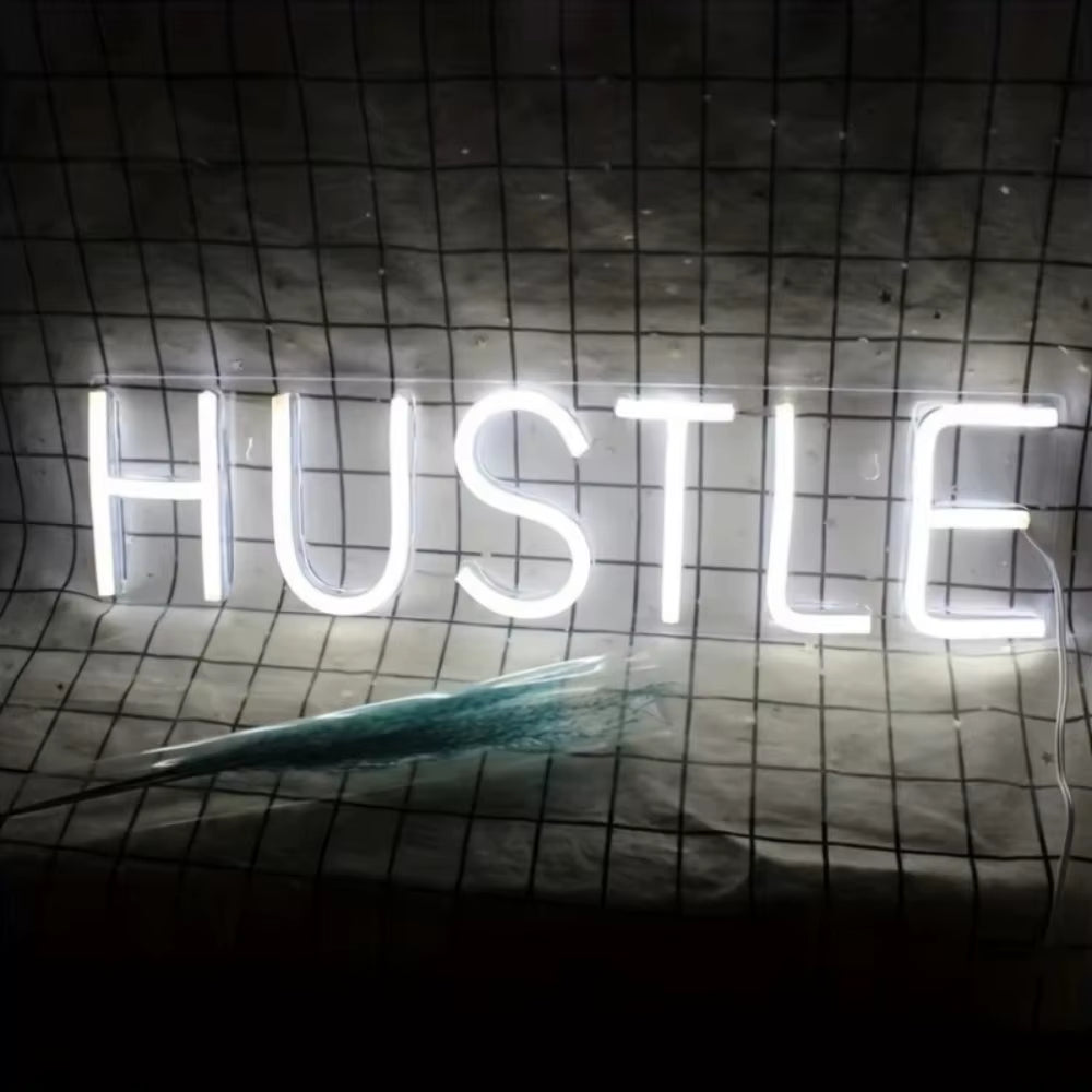 HUSTLE White Lighted Lettering Neon Sign Art Wall Decor Bedroom Bar Shop Living Room Party Home Decor Hanging Signs USB Powered