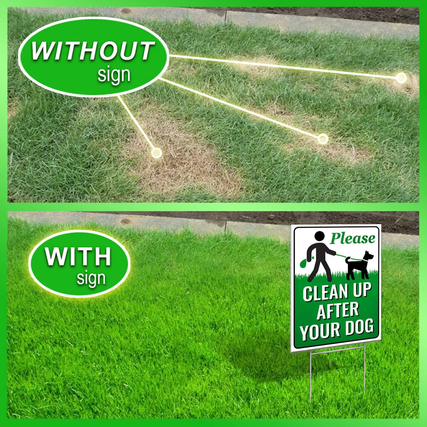 2-Pack Pick up after Your Dog Sign with Metal H-Stake - Weatherproof Clean up after Your Dog Notice for Yard - Double-Sided No Poop Lawn Signs - 12X9-In
