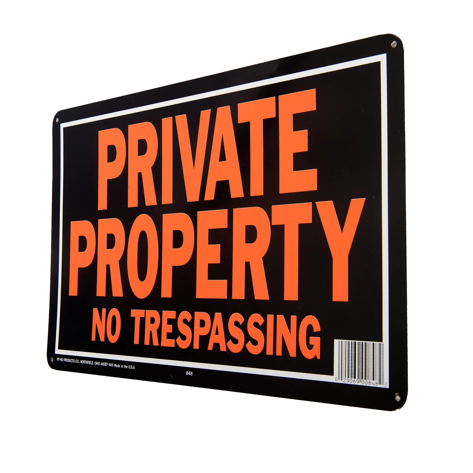 Products 848 Private Property No Trespassing Aluminum Sign 9.25" X 14" Orange/Black, 1 Piece