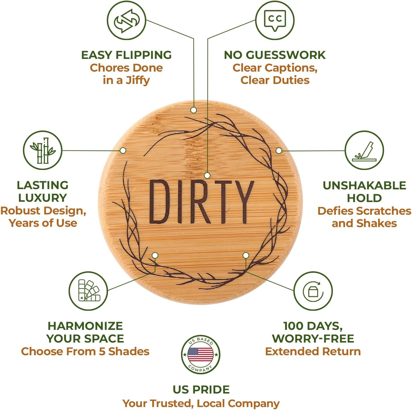 Bamboo Magnet Clean Dirty Sign for Dishwasher
