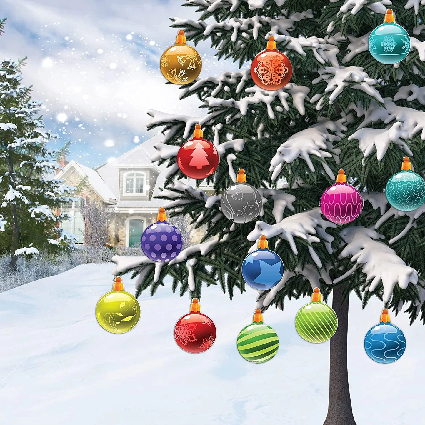 Victorystore 2-D Traditional Outdoor Christmas Yard Ornaments, Flat Globe Shape, Set of 14