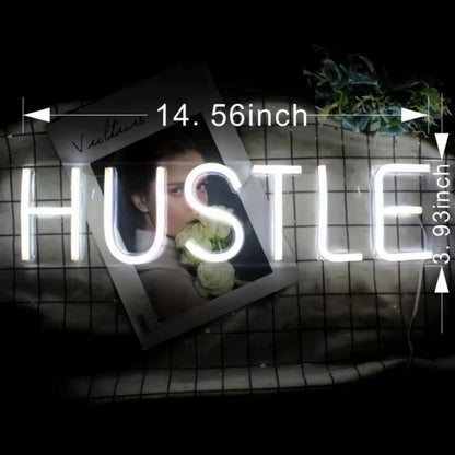 HUSTLE White Lighted Lettering Neon Sign Art Wall Decor Bedroom Bar Shop Living Room Party Home Decor Hanging Signs USB Powered