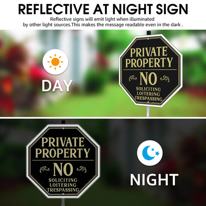 Private Property No Soliciting Sign for House with 42" Stake, 2-Pack 10"X10" Rust Free Heavy Reflective Aluminum