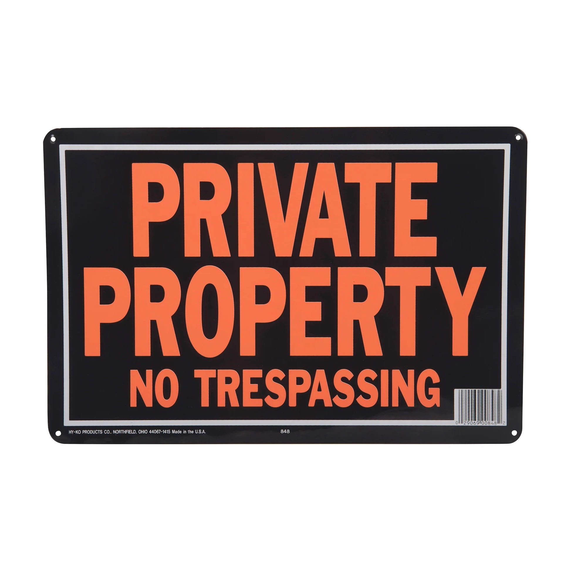 Products 848 Private Property No Trespassing Aluminum Sign 9.25" X 14" Orange/Black, 1 Piece