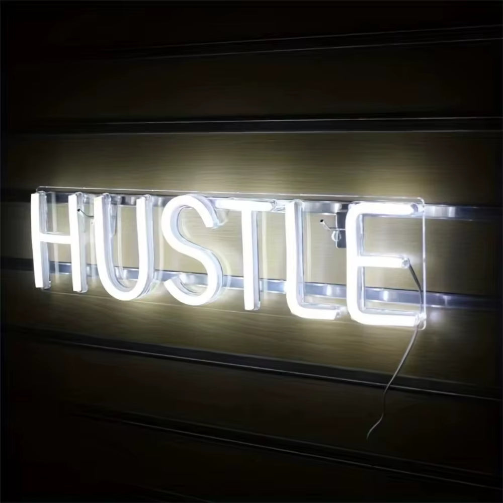 HUSTLE White Lighted Lettering Neon Sign Art Wall Decor Bedroom Bar Shop Living Room Party Home Decor Hanging Signs USB Powered