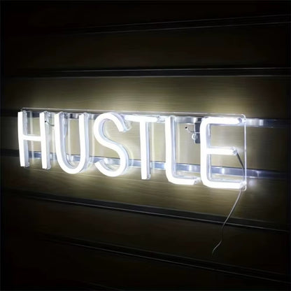 HUSTLE White Lighted Lettering Neon Sign Art Wall Decor Bedroom Bar Shop Living Room Party Home Decor Hanging Signs USB Powered