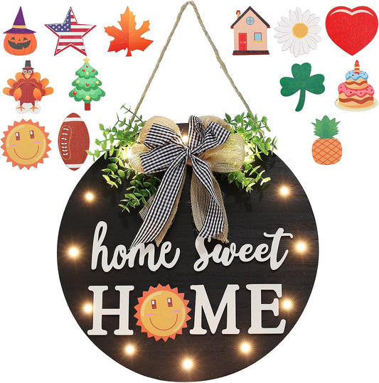Interchangeable Welcome Sign for Front Door with 14 Changeable Icons, Farmhouse Front Porch Decor Rustic Wooden Wall Sign with 12 LED Lights, Outdoor Seasonal Welcome Home Decorations (Black1)